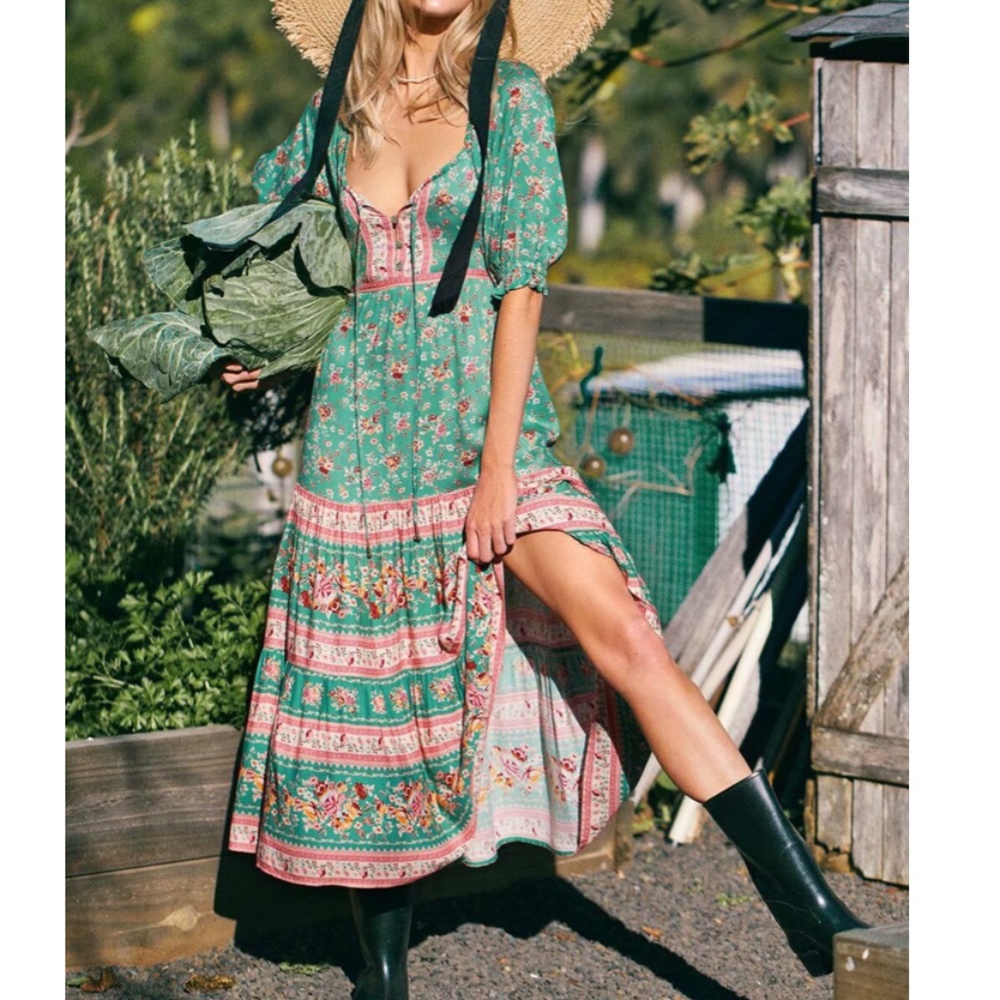 Boho tassel gypsy floral print off shoulder dress